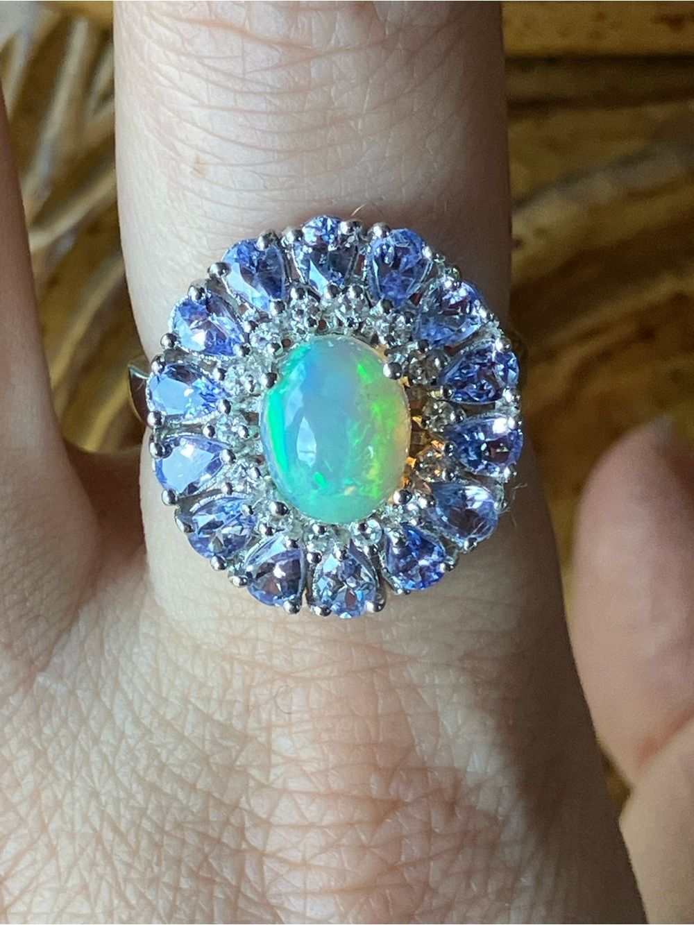 Natural Ethiopian Opal Tanzanite Sterling Silver Ring Size 8